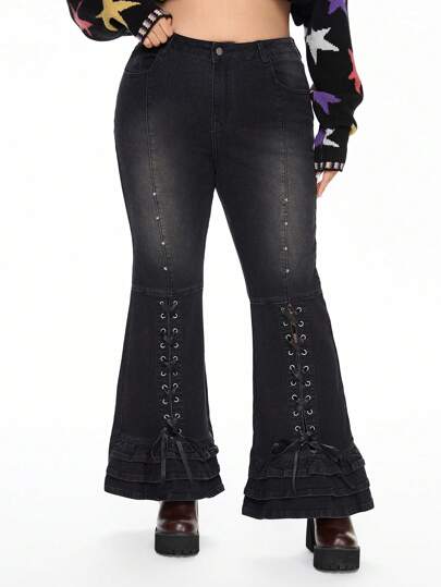 Kawaii Plus Size Front Button Casual Ruffle Trim Denim Pants