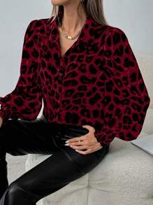 SHEIN Clasi 1 chiếc áo sơ mi thường ngày in họa tiết da báo dành cho nữ, mùa thu - Đỏ - Xem 3