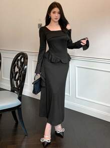 DAZY Women's Autumn/Winter Ruffle Hem Mid-Length Dress ,New Year Eve Prom Dress,Fall Women Clothes Long Sleeve Dress Elegant Women Dresses - Brown - View 9