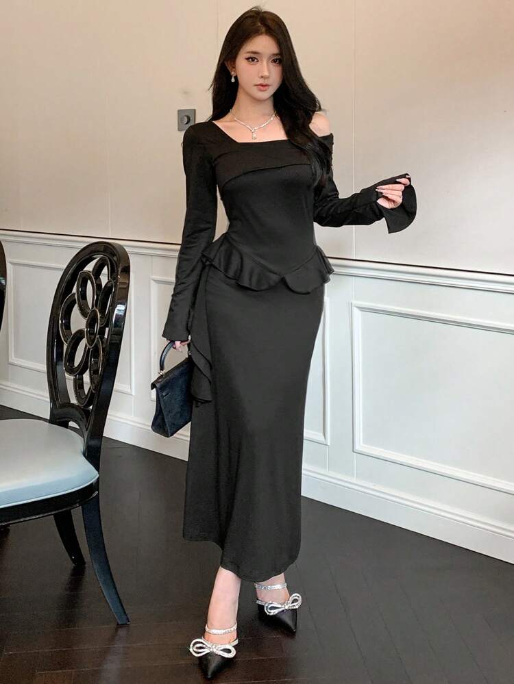 Women's Autumn/Winter Ruffle Hem Mid-Length Dress ,New Year Eve Prom Dress,Fall Women Clothes Long Sleeve Dress Elegant Women Dresses