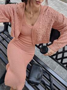 Chiquease Conjunto de 2 piezas con chaqueta corta y vestido de punto de tirantes para mujer, unicolor, para otoño/invierno