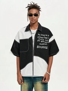Manfinity VCAY Camisa de manga corta casual de hombre con impresión de eslogan, hombros caídos, suelta y de tejido, para verano y uso casual. Camisa ancha de bloques de color y letras