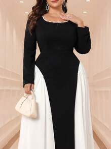 Modelyn Plus Size Color Block Elegant Long Sleeve Empire Waist Dress, Suitable For Evening Party Long Evening Dresses - Multicolor - View 4