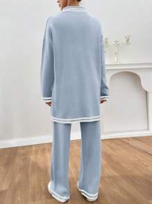 EURMUSE Women Stripe Pattern Pocket Detailed Front Button Cardigan & Sweater Pants Set - Baby Blue - View 3