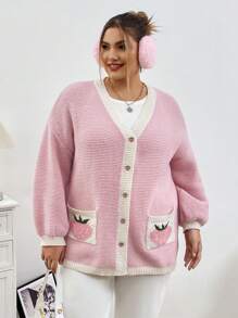 SHEIN CURVE+ Áo len cardigan hở cổ họa tiết dâu tây màu hồng Giáng sinh cỡ lớn, mùa thu/đông - Màu Hồng baby - Xem 4