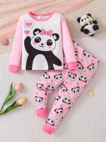 2pcs/Set Baby Girls' Pink Panda Print Long Sleeve Shirt Top And Panda Heart Pattern Leggings Pants, Soft Comfortable Warm Tight-Fitting Outfit - Pink - View 5