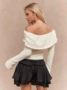 MISSGUIDED Top en tricot court d'épaule en polaire douce de type teddy, manches longues, loisirs d'hiver, pull d'intérieur pour vacances - Beige - Voir 2