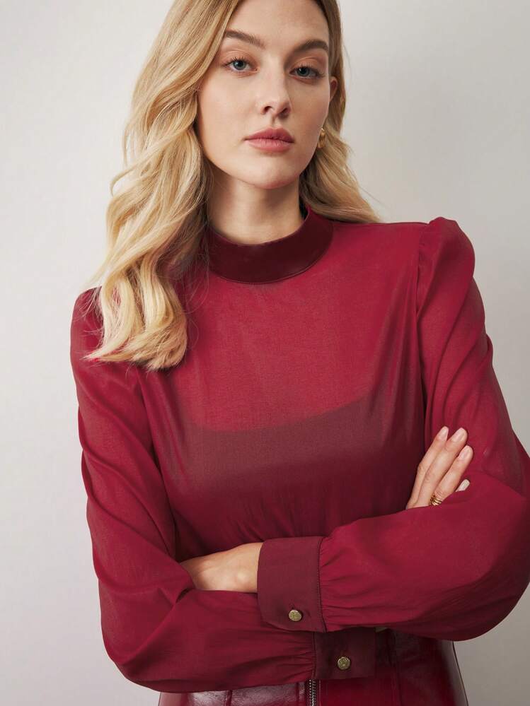 BizChic 圣诞红色透明长袖衬衫，女士办公室服装，春夏，圣诞派对，感恩节，新年，优雅， - 酒紅色 - 查看 10