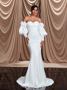 Glamrae Robe élégante de luxe à épaules dénudées avec manches bouffantes florales 3D, robe en satin élastique boutonnée à volants avec traîne, adaptée pour mariage, fête, bal de fin d'année, vacances