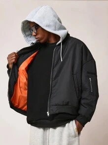 SUMWON Oversized Bomber Jacket With Removable Grey Hood Quilted Winter Flight Jacket Streetwear Athletic Zip Up Outerwear With Arm Pocket - Black - View 3
