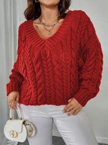 Celure Plus Size Women Casual V-Neck Cable Knit Loose Sweter, Odpowiedni Na Jesień, Zimę I Nowy Rok Ubrania