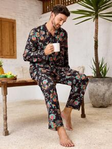 Manfinity Underwear&Sleepwear Basics 男士花卉印花长袖上衣和长裤家居服 - 黃色 - 查看 7