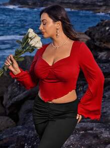 SHEIN VCAY Plus Size Women Solid Color Elegant Sweetheart Neck Long Sleeve T-Shirt - Burgundy - View 1