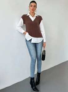 SHEIN Essnce 女士棕白色休闲落肩灯笼袖二合一衬衫长袖衬衫感恩节衬衫圣诞衬衫 - 彩色 - 查看 7