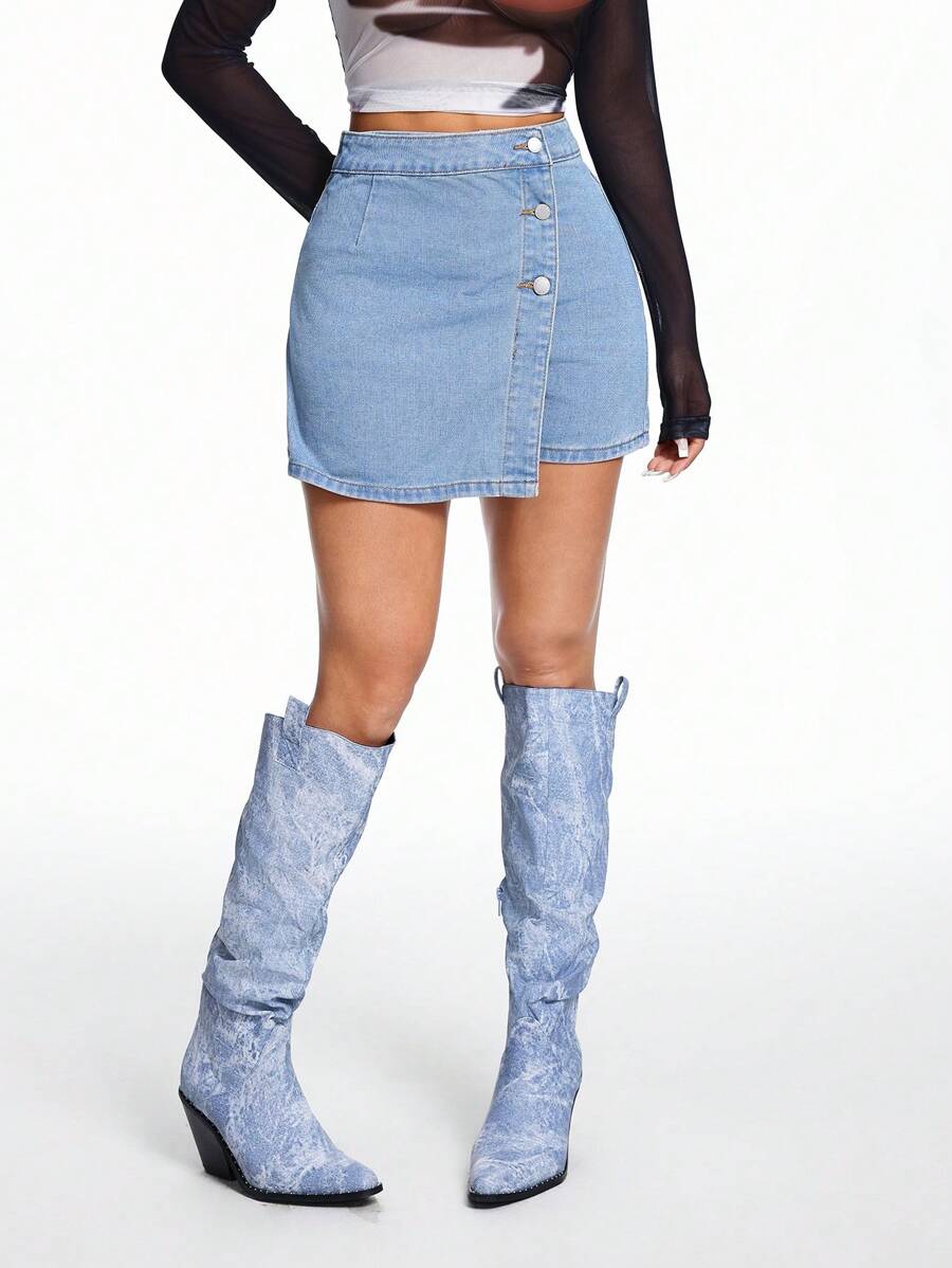 SHEIN EZwear Button Front Denim Skort - Light Wash - View 1