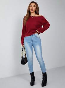 SHEIN PETITE 套头斜肩罗纹女式毛衣，长袖上衣 - 紅色 - 查看 4