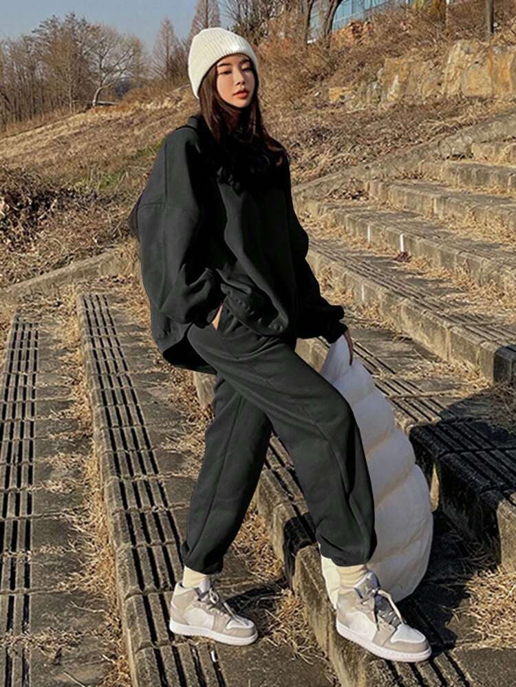 2 piezas Conjunto deportivo casual para mujer, color negro, para primavera/verano/otoño, ropa de mujer, conjuntos de chándal, conjunto de mujer con capucha y ropa de estar en casa