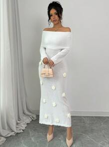 SHEIN Unity 1pc Women Open Shoulder Long Sleeve Fitted Dress, Princess Style Sweater Dress, Autumn/Winter - White - View 4