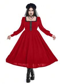 Whyspr Vestido largo de estilo vintage con mangas tipo globo, decoración de botones de metal y cintura alta, en estilo retro gótico/oscuro, medieval, barroco y palaciegos