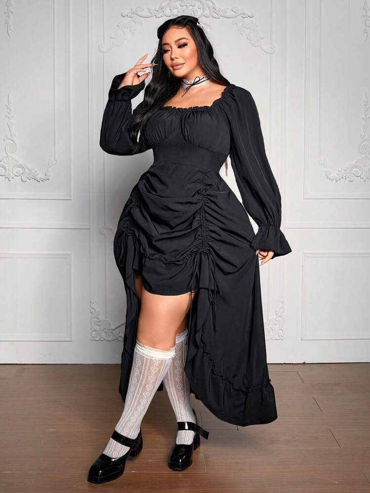 Lyrianda 1pc Black Elegant Romantic Long Sleeve Vintage Style Dress With  Cup Maxi Women Outfit | SHEIN USA
