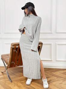 SHEIN EZwear Damski swobodny, jednolity prążkowany, wysoki kołnierz, luźny T-shirt z obniżonymi ramionami i spódnica z wysokim rozcięciem, jesień