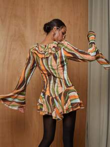 COSMINA Women Casual Color Block Ruffle Flare Sleeve Jumpsuit, Autumn - Multicolor - View 2