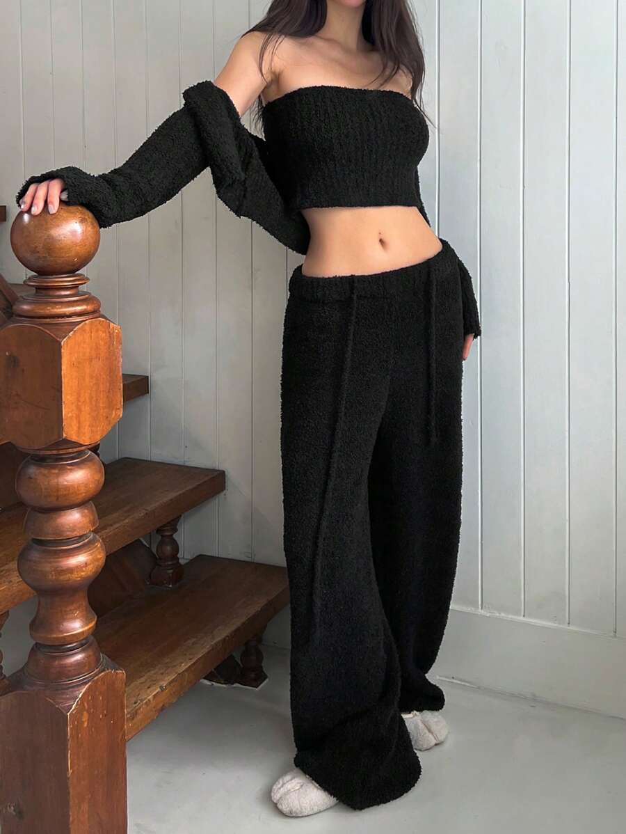 DAZY 3 件套女士蓬松柔软毛绒针织全身毛衣露肩秋季