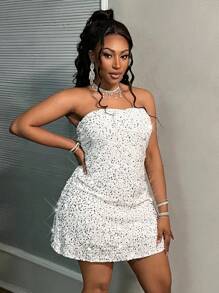 Slaydiva Plus Size Elegant Sequin Embellished Fitted Waist A-Line Mini Dress In Black, Suitable For Party/Event In Autumn/Winter - White - View 5