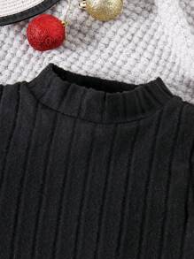 2pcs/Set Tween Girl Casual Outfit, Long Sleeve Crop Top With Pearl Decor & A-Line Bodycon Mini Dress, Spring & Autumn - Black - View 4