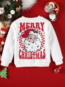 Christmas Themed Baby Girl Sweatshirt, Autumn/Winter Round Neck Pullover Sweatshirt, White Casual Loose Comfortable Sweatshirt, Front Santa Claus Portrait Print With White Beard And Santa Hat, Back "MERRY CHRISTMAS" Santa Claus Portrait, Family, Mother-Daughter Matching - White - View 3