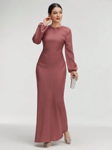 Veilorie 女式纯色简约优雅主教袖美人鱼下摆连衣裙 - 棕色 - 查看 8