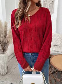 SHEIN LUNE Áo len nữ dáng rộng Áo len dệt kim màu trơn Áo len dài tay - Đỏ - Xem 5