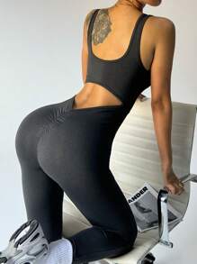 Easithlete 女士纯色后腰褶皱镂空连体瑜伽连体衣适合日常锻炼使用 - 深灰色 - 查看 1