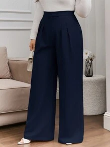 EURMUSE Plus Size Women's High Waisted Loose Pants With Bow Pleated & Button Detail - Navy Blue - View 6
