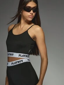 Missguided x Playboy Co Ord Set Elastic Waist Band Biker Shorts Crop Top Summer Stretch Two Piece Set - Black - View 5