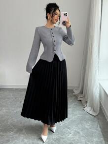 Selianne 女士粗花呢长袖夹克和中长褶皱裙优雅两件套西装 - 彩色 - 查看 6