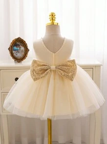 Glamorique Kids 圣诞派对装女婴蕾丝缎带蝴蝶结装饰公主裙，金色亮片珠饰，圣诞老人裙，圣诞女婴裙，香槟色礼服，适合女婴派对、生日、新年 - 香檳色 - 查看 1