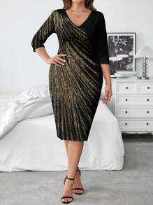 SHEIN Clasi Casual And Simple Plus Size Dress, V-Neck, Half-Sleeve, Floral Print,  Suitable For Daily Wear&Valentine's Day Date & Party Dress - Black - View 5