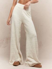 MISSGUIDED Cozy Fleece Wide Leg Lounge Pants Ultra Soft Sherpa Palazzo Winter Warm Trousers Plush Comfortable Casual Wear Indoor Fashion - Beige - View 1