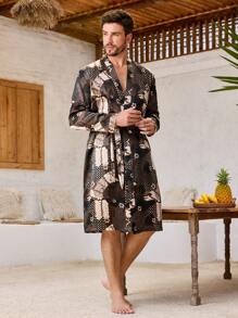Manfinity ChillVibe Men All-Over Print Belted Casual Long Sleeve Robe - Multicolor - View 5
