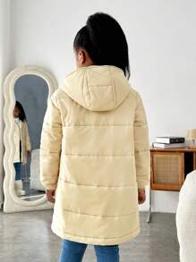 SHEIN Tween Girls Casual Hooded Mid-Length Thick Warm Jacket, Autumn/Winter - Pink - View 2