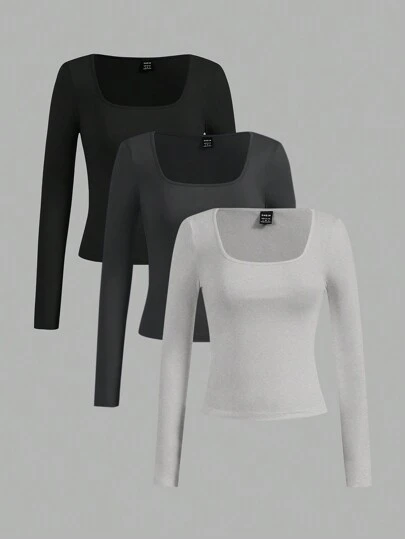 SHEIN EZwear 3 件套女士短袖短款休闲修身 T 恤，适合夏季