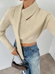 SHEIN Essnce Suéter de mujer de unicolor acanalado con cuello asimétrico, adecuado para otoño/invierno