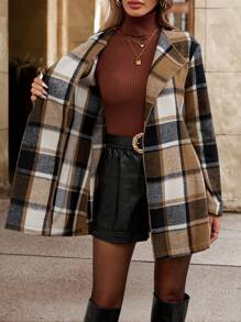 SHEIN Clasi Women's Brown Khaki Plaid Cardigan Sweater Jacket, Fashionable Outerwear For Winter