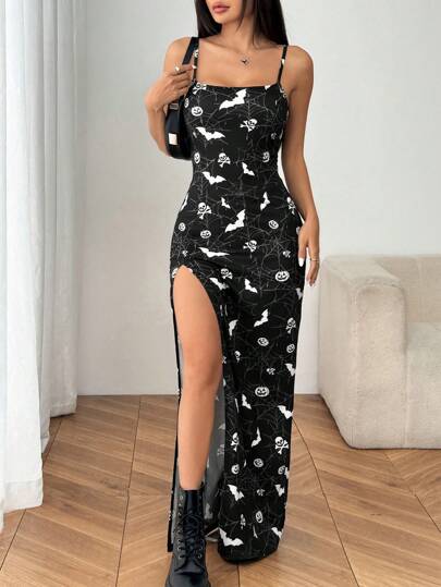 SHEIN EZwear 女士纯色高开叉细肩带连衣裙，万圣节印花连衣裙