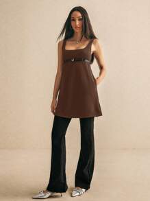 Poéselle Women's Sleeveless Mini Dress,Coffee Brown Summer Effortless Chic Brunch Outfit With Under-Bust Belt & Side Pockets,Chic Street Style Daily Piece - Brown - View 5