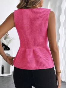 SHEIN LUNE Women Knitted Ruffle Trim Cardigan Sweater Vest With Button Front - Hot Pink - View 2