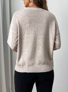 EMERY ROSE Plus Size Round Neck Embroidered Long Sleeve Sweater In Fall/Winter - Khaki - View 2