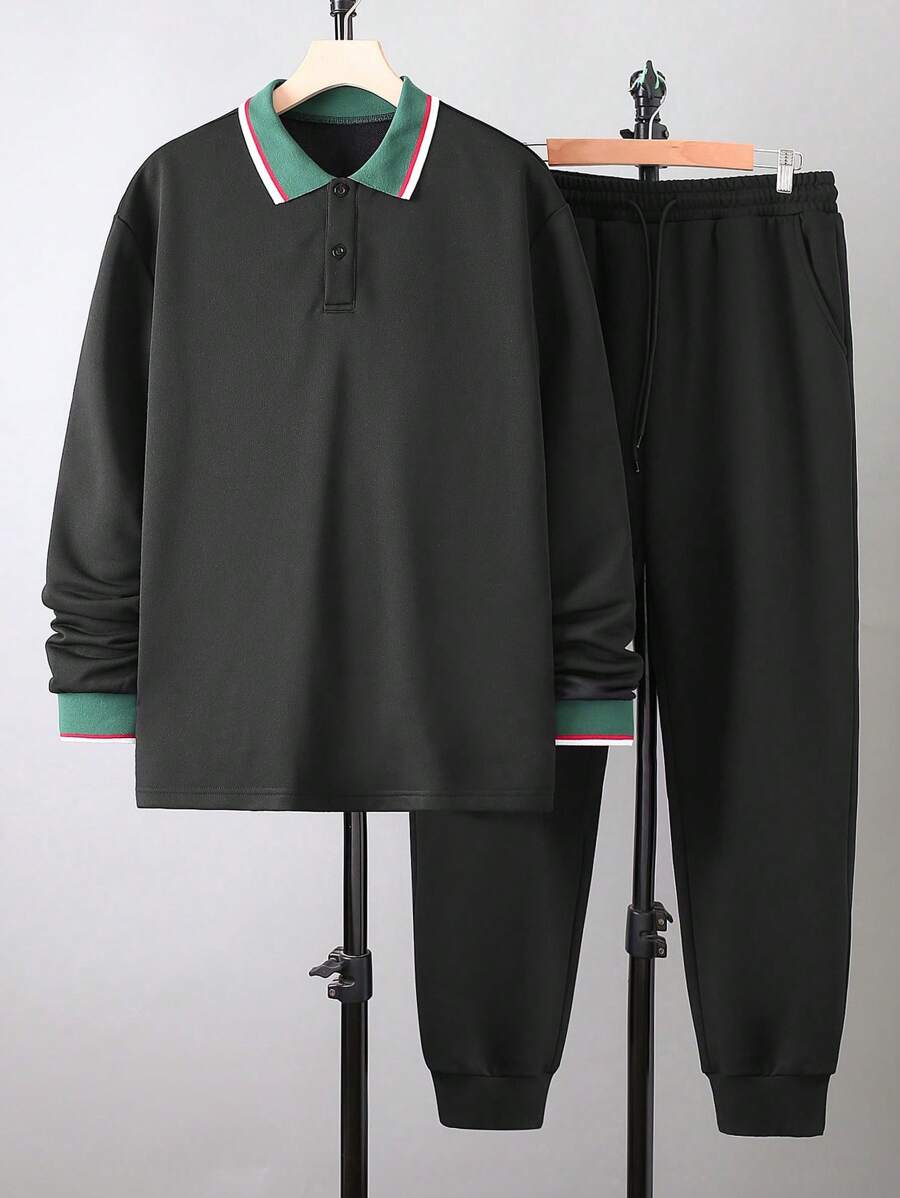 Manfinity Homme 2pcs/Set Setelan Pria Polo Lengan Panjang Warna Kontras, Sweatshirt Kasual & Celana Olahraga, Musim Gugur - Hitam - View 1