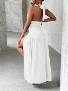 Slaydiva 优雅浪漫性感派对深 V 领露背开衩下摆 A 字长裙 - 白色 - 查看 2